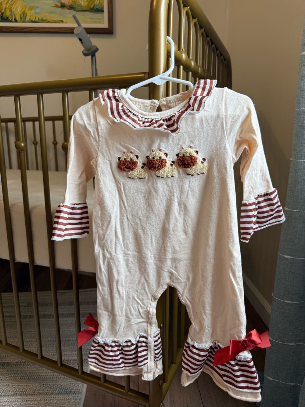 Ivory Baby Romper with Brown Stripe Accents and Cow Appliqué
